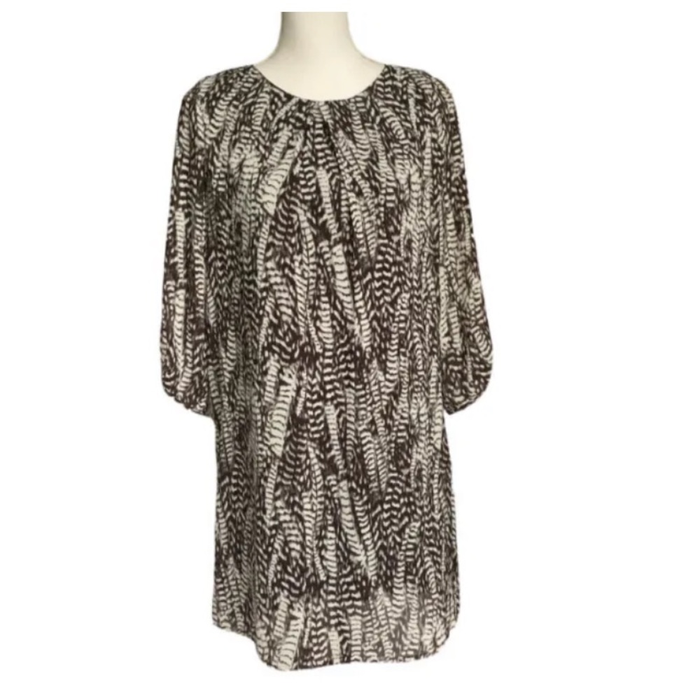 H&M Feather Print Shift Sheath Dress 3/4 Sleeve Black White Chiffon Size 4